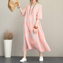 Load image into Gallery viewer, stylish pink prints long linen dresses oversize o neck linen clothing dresses casual half sleeve kaftans
