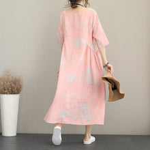 Load image into Gallery viewer, stylish pink prints long linen dresses oversize o neck linen clothing dresses casual half sleeve kaftans