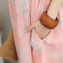 Load image into Gallery viewer, stylish pink prints long linen dresses oversize o neck linen clothing dresses casual half sleeve kaftans