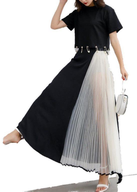 summer black chiffon casual maxi skirts women patchwork nets yarn beach skirts