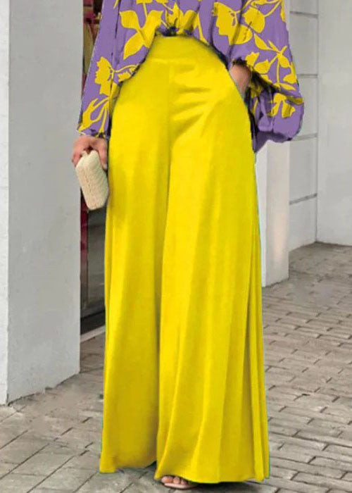 tyle Yellow Peter Pan Collar Print Cotton Shirts And Wide Leg Pants Two Piece Set Fall