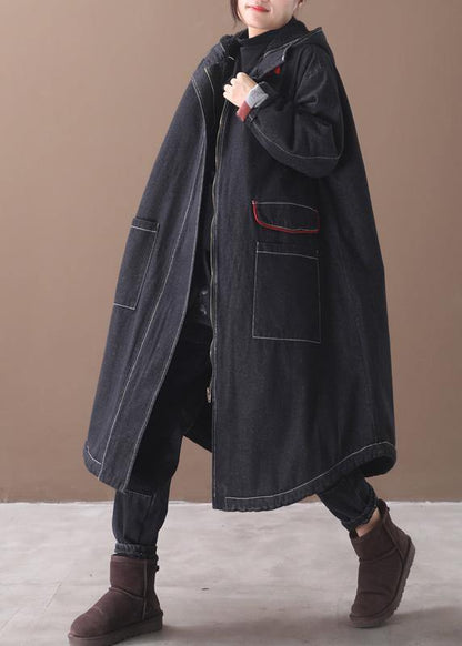 women plus size clothing Jackets & Coats hooded overcoat denim black two pockets Parkas for women