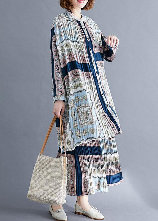 women stand collar two pieces light gray prints tops and pleated wide leg pants